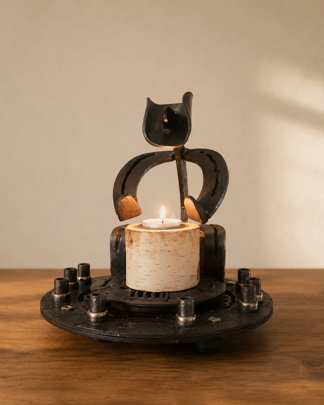 Kattenfiguur met kaarslicht op metalen voet